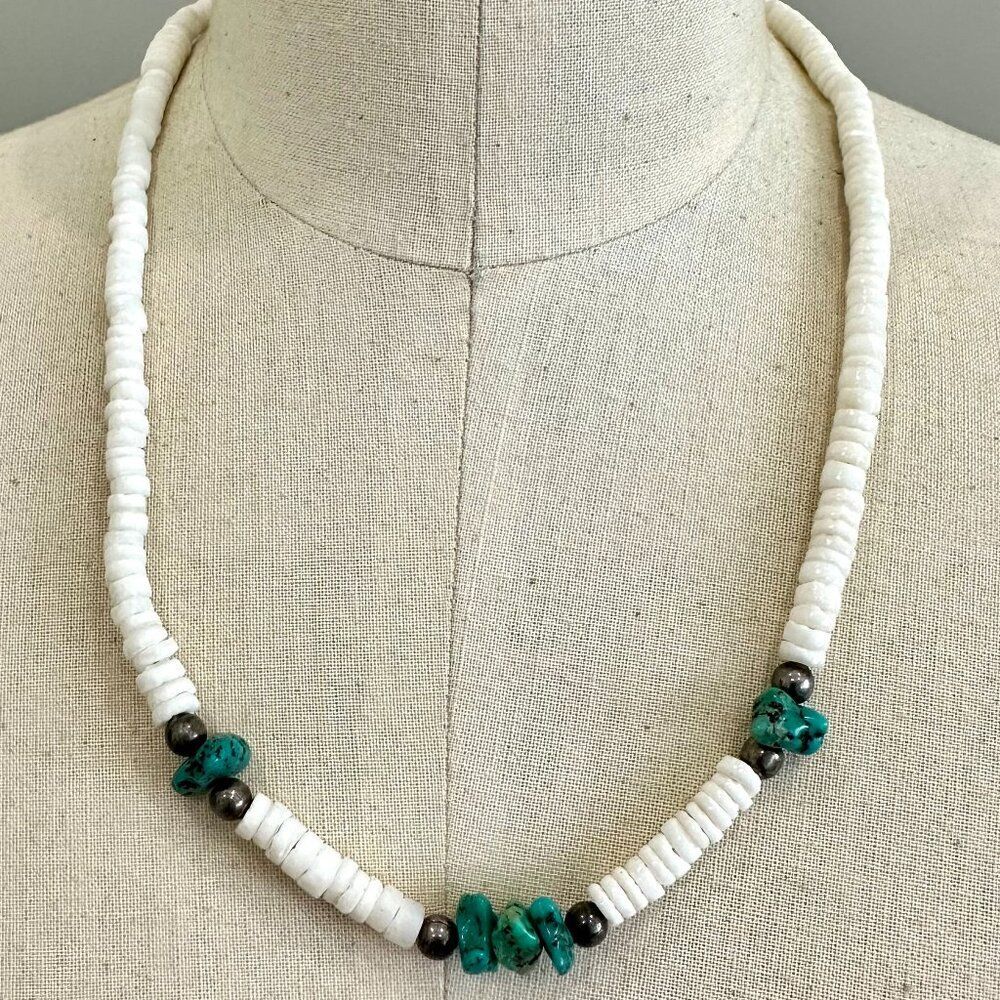 Puka Seashell Turquoise Stone Sterling silver Bead Necklace